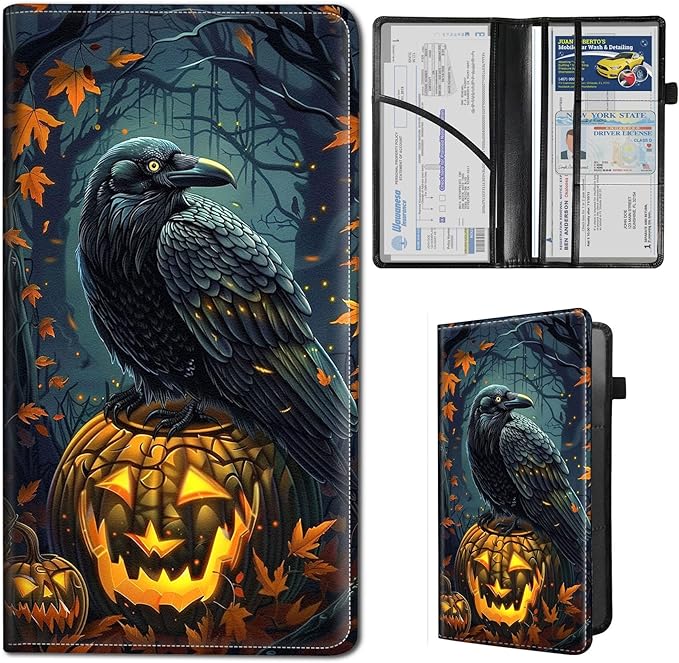 Qindaiwen Car Registration and Insurance Holder, Vehicle Card Document Elastic Band Closure Glove Box Organizer, Driver License Cards, Car Accessories for Essential Info, Black Raven 02