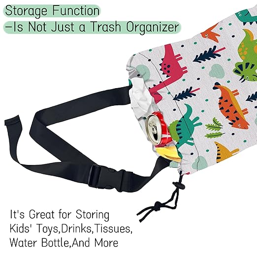 NHNXHWIA Cartoon Dinosaurs Car Trash Bag,Hanging Drawstring Car Garbage Bag,Waterproof Canvas Car Back Seat Organizer with Adjustable Buckle,for Vehicles,SUVs,Camping,Road Trips