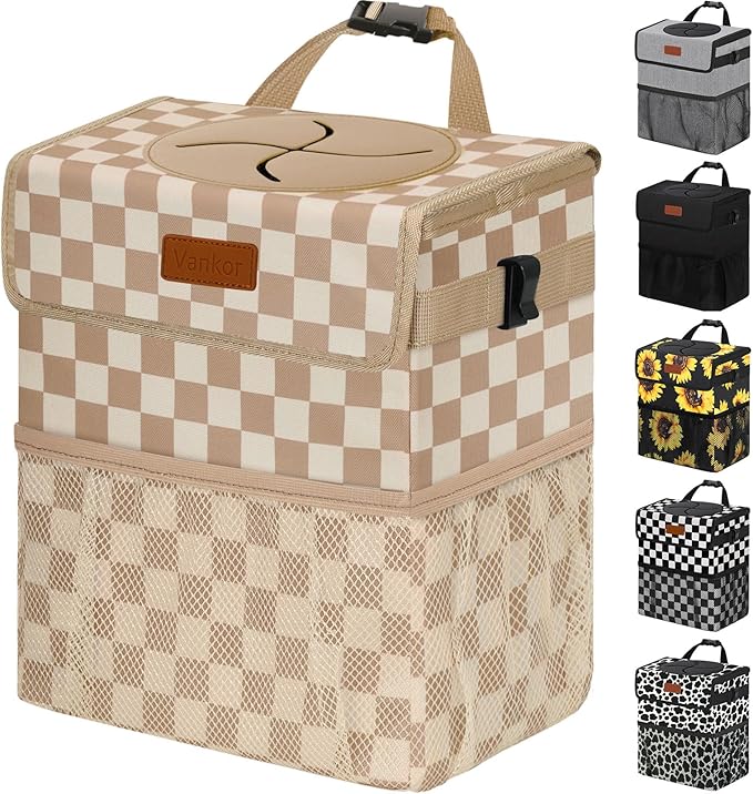 3 Gallons Car Trash Can with Lid, Bag Bin Hanging Waterproof Automotive Car Garbage Cans Leak Proof Vehicle Trash Can for Truck SUV, Khaki Checkered