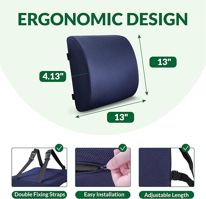 FuturaLoom Back Support Pillow for Office Chair and Car Seat,Lumbar Support for Office,Charcoal Memory Foam Back Cushion-Breathable Mesh Cover,Double Adjustable Straps,Dark Blue