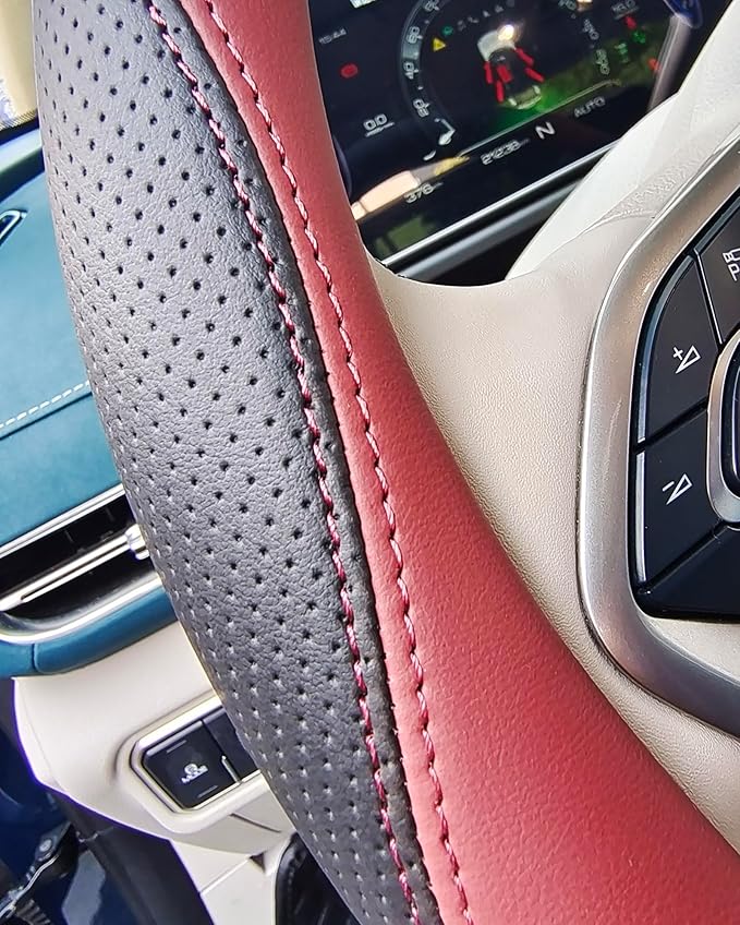 Universal Car Microfiber Leather Steering Wheel Cover Anti-Slip for 14.5"-15" (Black-Wine)
