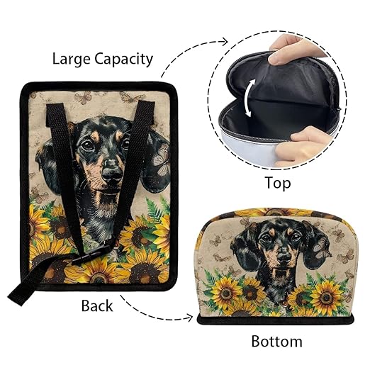 Talayituse Dachshund Sunflower Butterfly Print Car Trash Can with Lid, Leak Proof Auto Trash Bag Hanging Vehicle Garbage Can Multipurpose Storage Container for Back Seat Road Trip