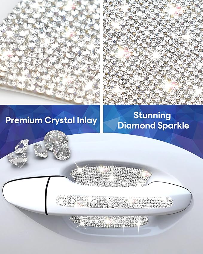 Bling Car Door Handle Protector, 10 PCS, White Sparkling Rhinestone Cars Door Protective Cover, Anti-Scratch Auto Handles Sticker, Universal Bling Car Accessories for Women