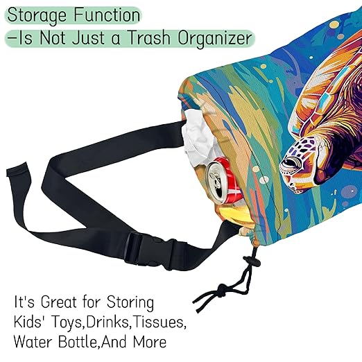 NHNXHWIA Pop Art Turtle Car Garbage Bag,Waterproof Small Car Trash Bag Hanging Back of Seat,Drawstring Hanging Car Trash Bag with Adjustable Buckle for Car Accessories