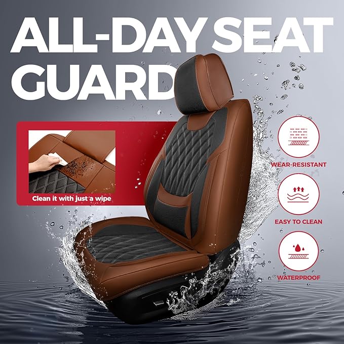 FREESOO Car Seat Covers Front Seats - Luxury Breathable Waterproof Faux Leather Car Seat Cover Protectors with Lumbar Support, Universal Fit for Most 5 Seats Vehicles Sedans Hatchbacks, Black Brown