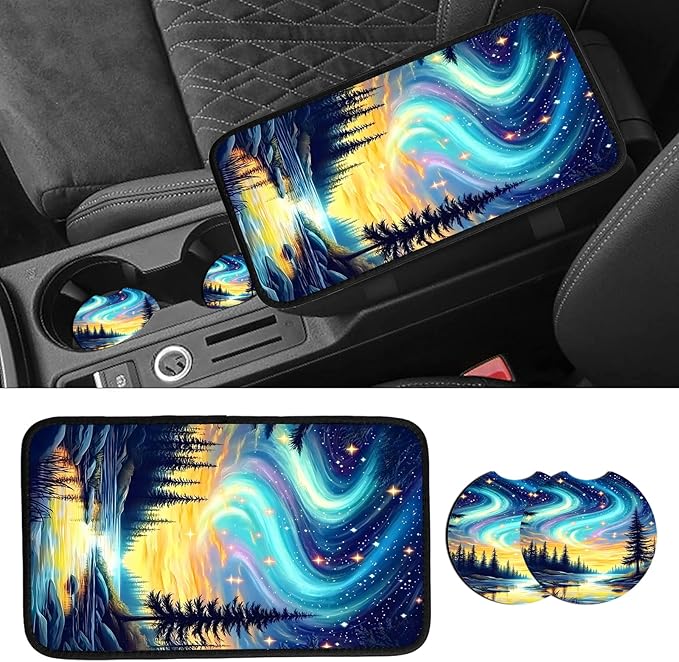 JANENFNA Car Armrest Cover Pads Universal Fashion Cute Auto Center Console Armrest Cover Pad with 2PCS Car Coasters Soft Waterproof Car Armrest Seat Protector for Women,Colorful Aurora