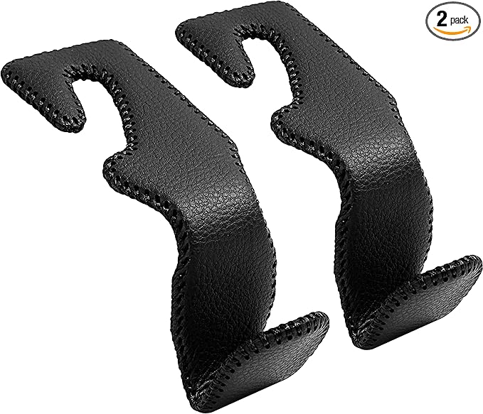 TISOHUGO Headrest Hooks for Purses and Bags，Vehicle Back Seat Headrest Hanger Matching Cars Interior Genuine Leather Storage Holder Hook, 2 Pack, Black