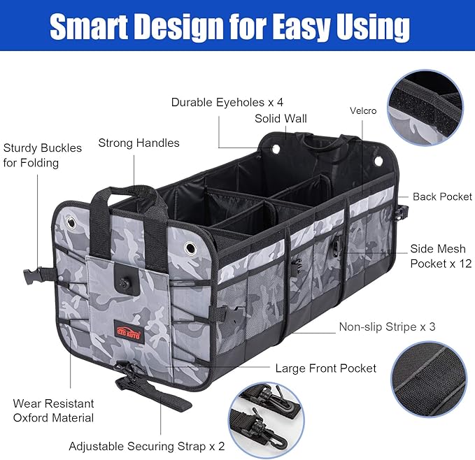 CZC AUTO Car Trunk Organizer Collapsible Cargo Trunk Storage Organizer with 6 Compartments for Car Suv Truck (Camouflage)