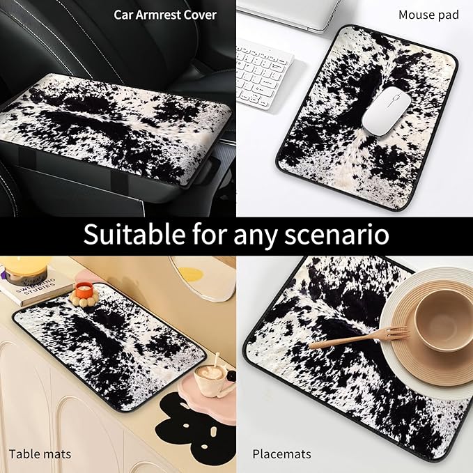 Car Center Console Cover, Universal Soft Large Neoprene Auto Armrest Seat Box Cover, Funny Car Decor Accessories Fit for Most Cars, Vehicles, SUVs Black White Cowhide