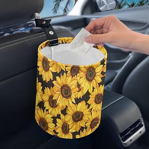 Car Trash Can with Hanging for Back Seat, Car Accessories for Women Men Automotive Garbage Cans Vehicle Trash Can for Truck SUVYellow Sunflower