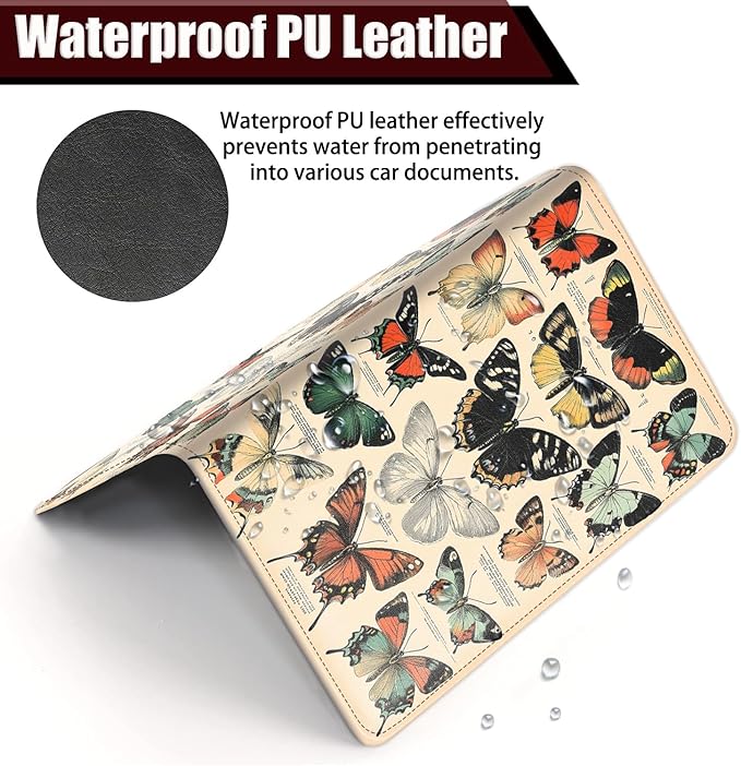 Car Document Holder with Magnetic Shut, Car Registration and Insurance Card Holder, Vehicle Glove Box Organizer Documents, Driver License, Auto Paperwork Organizer Wallet, Colorful Butterfly Species