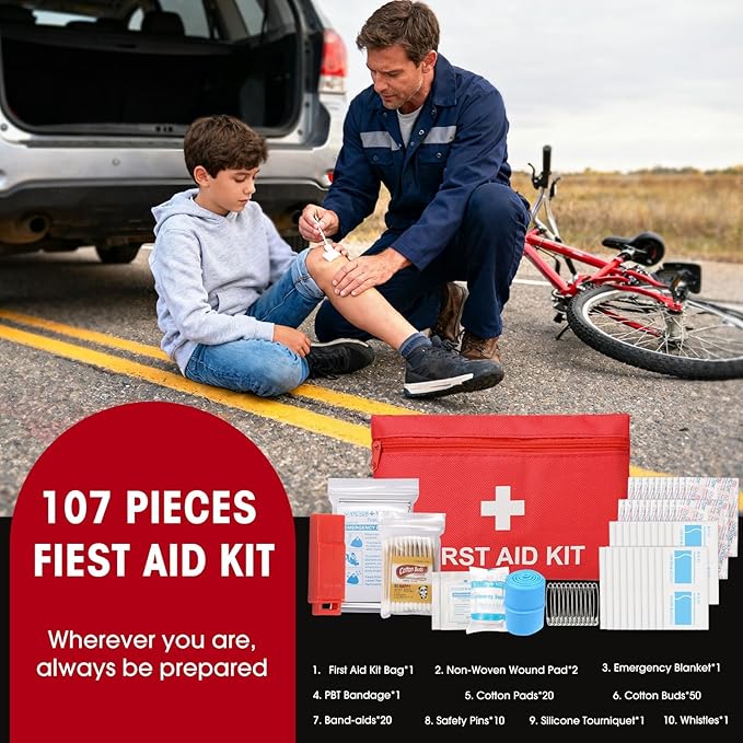 VEIYIE Roadside Car Emergency Kit, Winter Car Safety Kit with 10FT Jumper Cables, Tow Strap, Tool Kit, Reflective Warning Triangle, Road Trip Essentials, for New Drivers, Teens