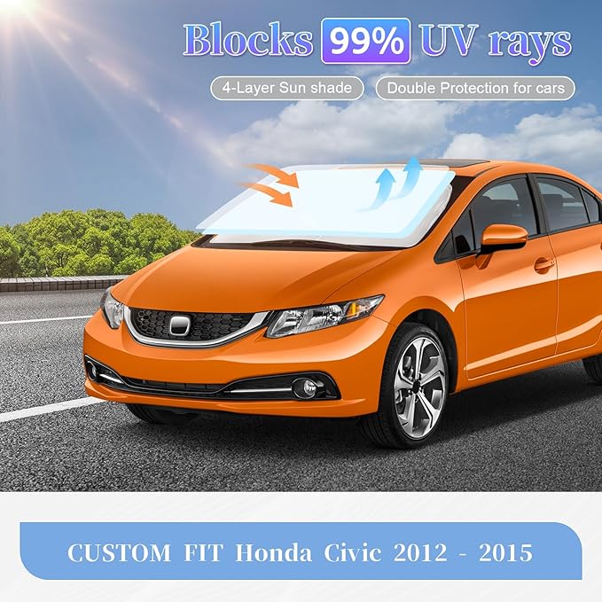 ZOIBV for Honda Civic 2012-2015 Sun Shade Sunshade Windshield Cover, 4-Layer Front Window Shade Custom Fit Civic Sun Visor 240T Retractable Shade Blocks UV Rays Cooler Car Accessories