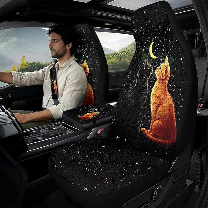 Oramclsy Cat Heavy Duty Car Seat Cover Set Star Armrest Pad + PU Breathable Seat Belt Pad Essential Car Accessories
