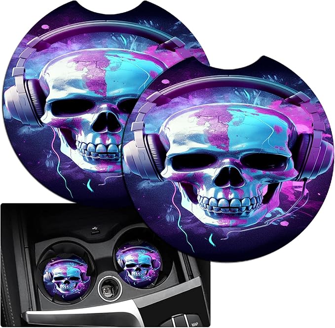 JANENFNA Car Armrest Cover Pads Universal Fashion Cute Auto Center Console Armrest Cover Pad with 2PCS Car Coasters Soft Waterproof Car Armrest Seat Protector for Women,Headphone Skull
