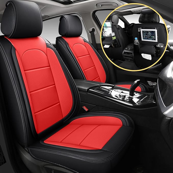 AOOG Leather Car Seat Covers with Car Backseat Organizer, Universal fit Automotive Vehicle Most Sedan SUV Pick-up Truck (Full Set, Black&Red)