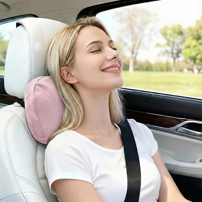 2PCS Car Pillow for Car Neck Pillow for Driving Seat Leather Neck Support Soft Cushion Back Support Head-Rests for Vehicle Sleeping with Elastic Adjustment Strap (Light Pink, Head)
