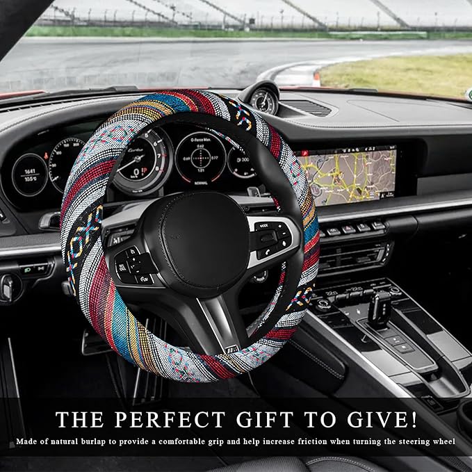 Boho Car Steering Wheel Cover, Ethnic Style Anti-Slip Coarse Flax Cloth Auto Wheel Cover, Bohemian Steering Wheel Protector for Most SUVs Vans Trucks, Car Accessories (Style D)