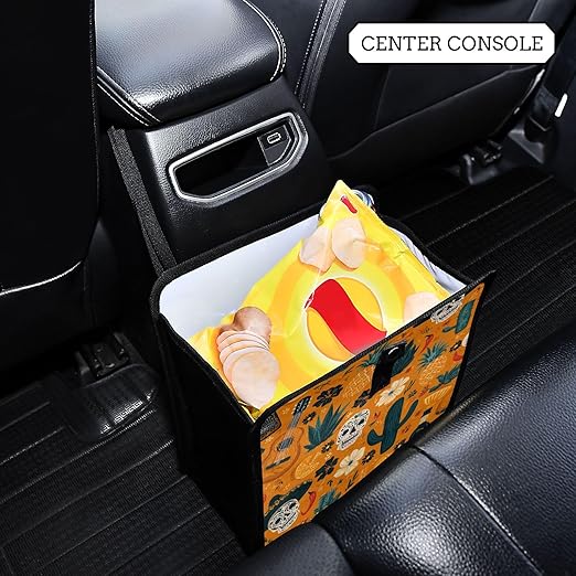 Car Trash Can Organizer Bin with Adjustable Strap for Back Front Seat Console Waterproof Leakproof Collapsible Portable 8.66 Inch Orange Day Of The Dead Skull Cacti