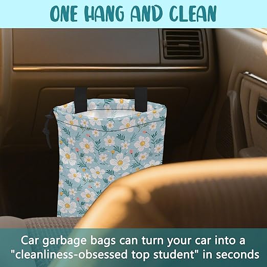Car Trash Bag Chamomile Flowers and Petals Hanging Drawstring Car Organizer and Storage Bag with Adjustable Buckle Canvas Garbage Bin for Back Seat or Hanging Headrest Car Decor Road Trip Essentials