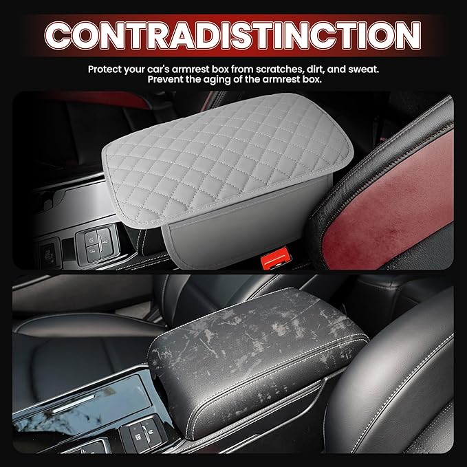 Car Middle Center Console Cover with 2 Storage,Microfiber Nappa Leather Gray Car Armrest Cover Cushion with 2 Bags,Universal Car Armrest Storage Box Car Interior Accessories for Most Vehicles