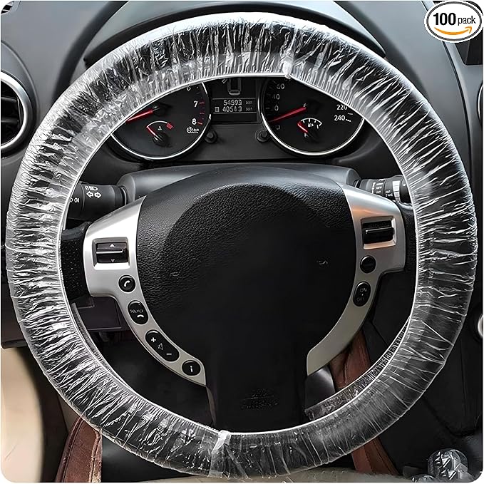 100 PCS Disposable Steering Wheel Cover, Plastic Clear Auto Steering Wheel Protector with Elastic Trims, Car Steering Protective Cover for Vehicle Oil Changes Body Shops