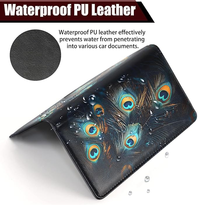 Car Document Holder with Magnetic Shut, Car Registration and Insurance Card Holder, Vehicle Glove Box Organizer Documents, Driver License, Auto Paperwork Organizer Wallet, Peacock Feathers Pattern