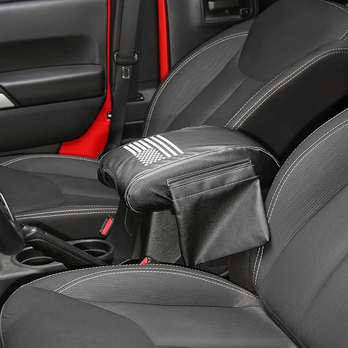RT-TCZ Center Console Armrest Cover for Jeep Wrangler JK JKU 2011–2017, Black Leather Armrest Pad Protector with Storage Pocket, Scratch-Resistant & Waterproof, American Flag