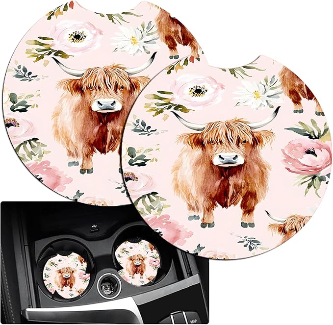 JANENFNA Car Armrest Cover Pads Universal Fashion Cute Auto Center Console Armrest Cover Pad with 2PCS Car Coasters Soft Waterproof Car Armrest Seat Protector for Women,Highland Cow with Flower