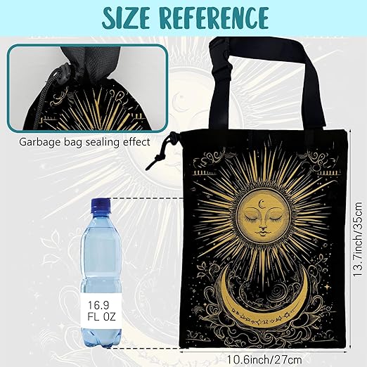 KXWQTRDD Car Garbage Bag Golden Sun Boho Crescent Moon Stars Hanging Canvas Car Trash Bag Drawstring Car Back Seat Organizer for Car Back Front Seat Console with Adjustable Buckle