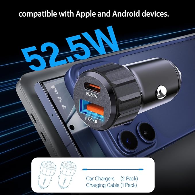 2-Pack 52.5W USB C Car Charger Fast Charge with 1 Charging Cables, Dual Port Car Phone Charger for iPhone 17/16/15 Pro Max, Cigarette Lighter USB Charger, USB Car Charger Adapter, Car Accessories.