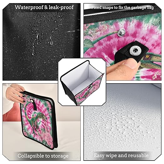 Car Trash Can Organizer Bin with Adjustable Strap for Back Front Seat Console Waterproof Leakproof Collapsible Portable 8.66 Inch Tie Dye Dinosaur Pink Green