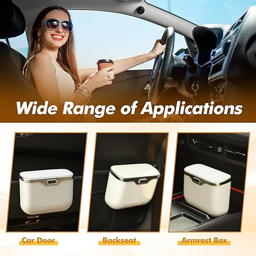 JEYODA - Automatic Push Button Car Trash Can with Secure Lid, Vehicle Garbage Bin (Beige)