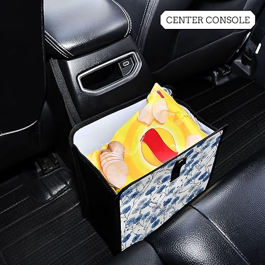 Car Trash Can Organizer Bin with Adjustable Strap for Back Front Seat Console Waterproof Leakproof Collapsible Portable 11 Inch Chinese Style Cornflower