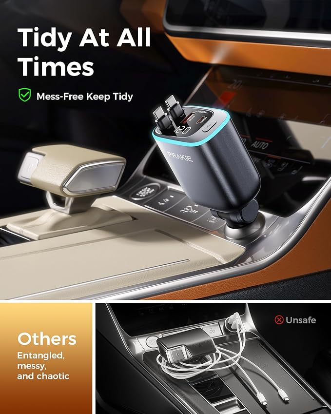 USB C Cable iPhone Car Charger, Retractable Fast USB C Phone Charger, Cigarette Lighter Adapter with 2 USBC Cables 30 Inch and 2 USB Ports, Multi Port Car Charging for iPhone 17/16/15/Pro Max-Gray