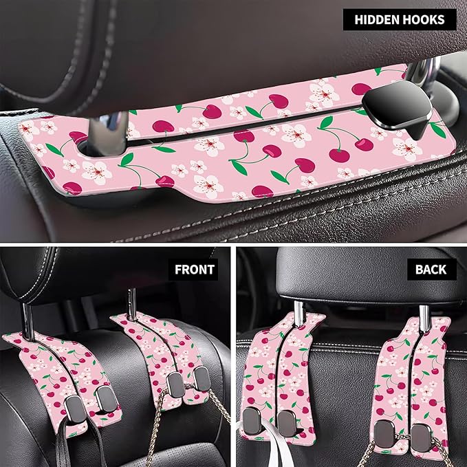 AEWNUNK Car Headrest Purse Hanger Cute Floral and Pink Cherries 1 Pack Bag Purse Holder for Car Premium Leather Double Metal Hook for Handbags, Grocery Bags and Phones
