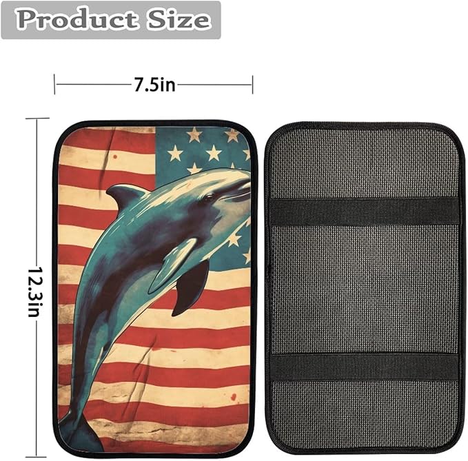 Car Center Console Pad, Universal Waterproof Car Armrest Seat Box Cover, Car Interior Accessories for Most Vehicle SUV Truck Vintage American Flag Dolphin Car Armrest Pad