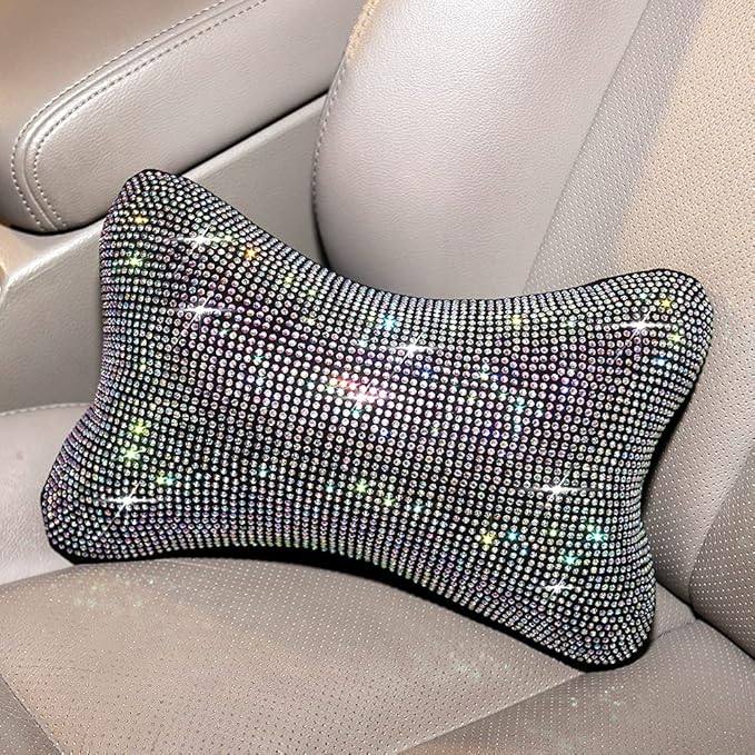 2 Pcs Colorful Bling Car Neck Pillow for Car Seat Driver, Auto Seat Headrest Cushion Driving Relax Neck Support Crystal Rhinestone Diamond Rainbow Bling Accessories for Woman