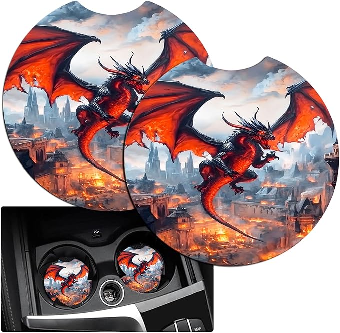 JANENFNA Car Armrest Cover Pads Universal Fashion Cute Auto Center Console Armrest Cover Pad with 2PCS Car Coasters Soft Waterproof Car Armrest Seat Protector for Women,Fire-Breaking Evil Dragon