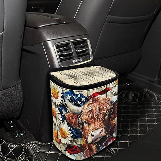 Talayituse Highland Cattle Daisy Print Car Trash Can with Lid, American Flag Wood Leak Proof Auto Trash Bag Hanging Vehicle Garbage Can Multipurpose Storage Container for Back Seat Road Trip