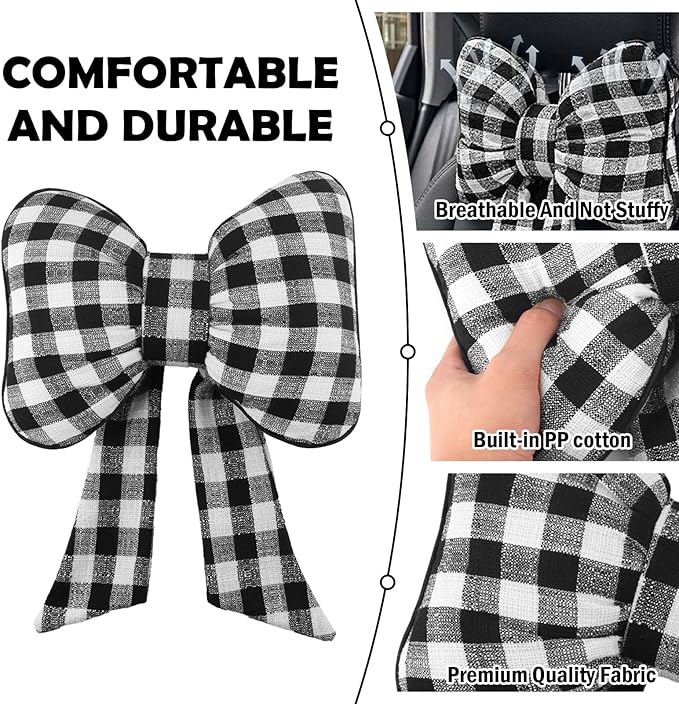 2026 New Bow Car Neck Pillow,Stylish Car Headrest Pillow with Black & White Check for Cars Decorations,Breathable Comfortable Neck Pillows for Cars as Halloween