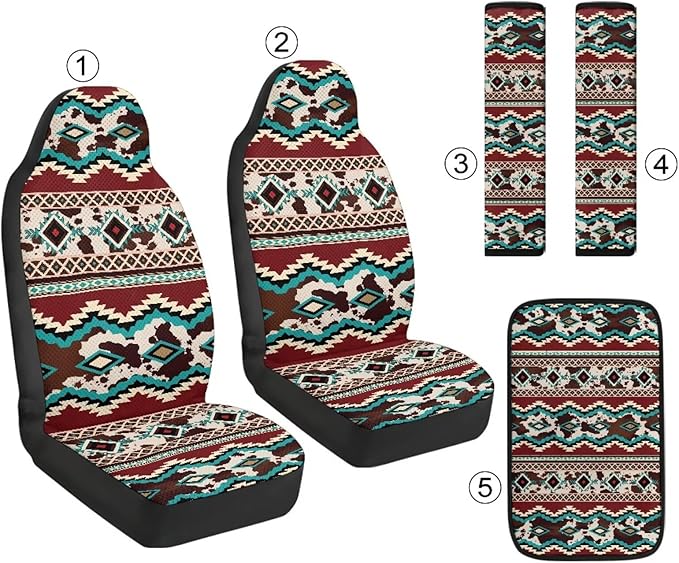 Qeluxign 5 Piece Car Seat Covers Full Set, Tribal Cow Print Front Seats Cover/Auto Seatbelt Shoulder Pads/Vehicle Center Console Armrest Cover, Universal Car Accessories Men Women Gifts
