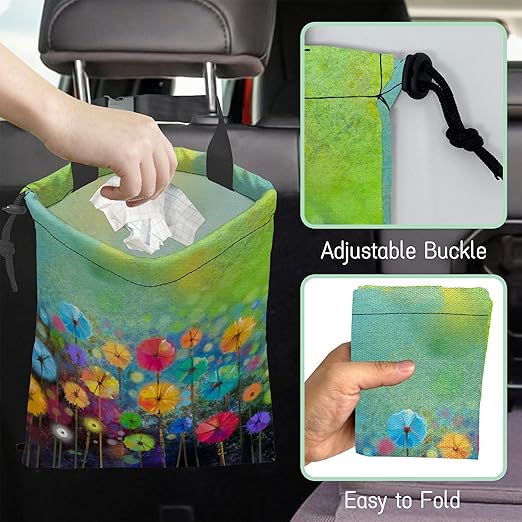 NHNXHWIA Watercolor Floral Car Trash Bag,Hanging Drawstring Car Garbage Bag, Waterproof Canvas Car Back Seat Organizer with Adjustable Buckle, for Vehicles, SUVs, Camping, Road Trips
