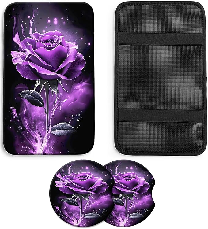 JANENFNA Car Armrest Cover Pads Universal Fashion Cute Auto Center Console Armrest Cover Pad with 2PCS Car Coasters Soft Waterproof Car Armrest Seat Protector for Women,Purple Rose