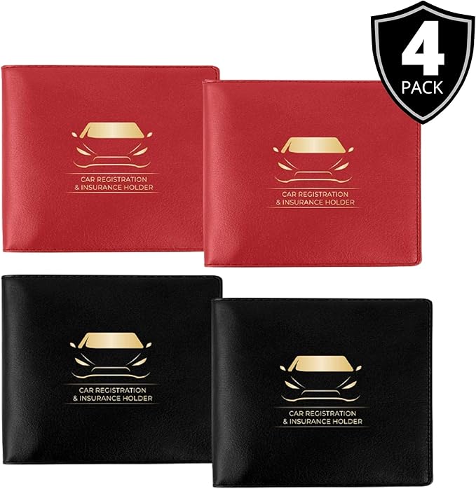 Performore Car Document Holder Wallets – Premium Organizer for Insurance and Registration Papers, 2 Clear Pockets with Strong Double-Sided Closure, Suitable for All Vehicles (4-Pack: 2 Black, 2 Red)