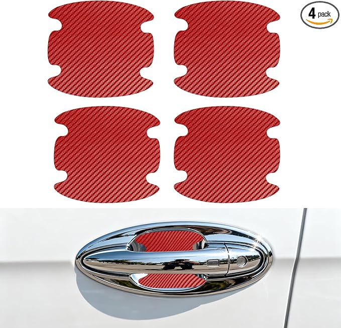 4PCS Car Door Handle Scratch Protectors, Car Door Handle Sticker, Carbon Fiber Anti-Scratches Auto Bowl Protectors, Waterproof Cup Paint Guard Protective Films for Most Vehicles (Red 4PCS)