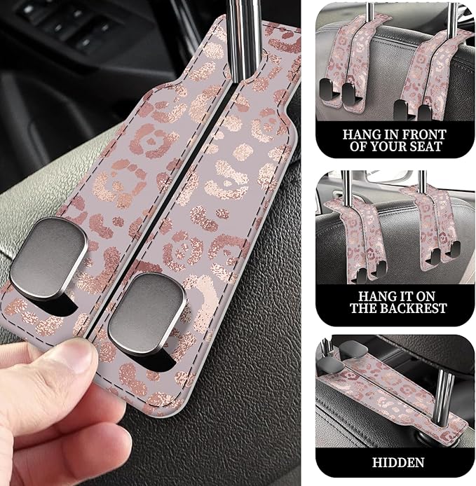 AXRQLSU PU Leather Car Seat Hook, Storage Headrest Hanger, Cute Car Backseat Organizer, Car Hooks For Purses and Bags Pink Leopard Print