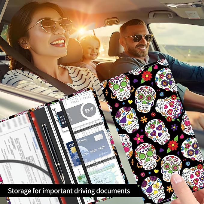 BAUCIWLD Premium Car Registration and Insurance Card Holder, Cute PU Leather Car Document Holder, Vehicle Glove Box Car Organizer with Magnetic Closure for Driver License, Cards Floral Skull