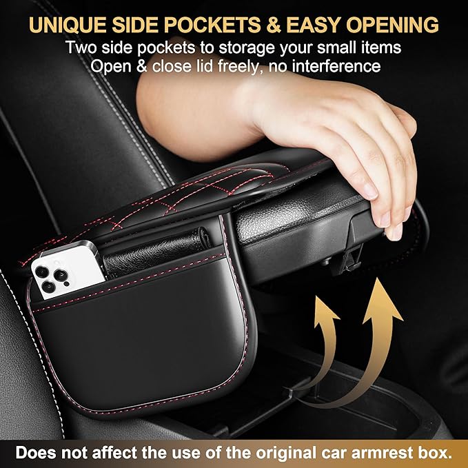 Center Console Cover Fit for RLX: Scratch and Wear Resistant Console Cover Leather with 2 Storage Bags -Upgraded Armrest Coverfor Car,Anti-Scratch Auto Armrest Pad Accessory （Black&Red