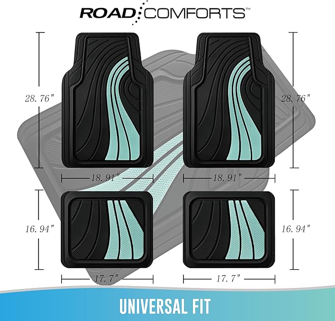 Road Comforts Car Floor Mats Full Set – Front & Rear Car Floor Mats with Aluminum Design, Anti-Slip Backing, All-Weather Protection, Trim-to-Fit Car Mats for Most Sedans, SUVs & Vans - Mint